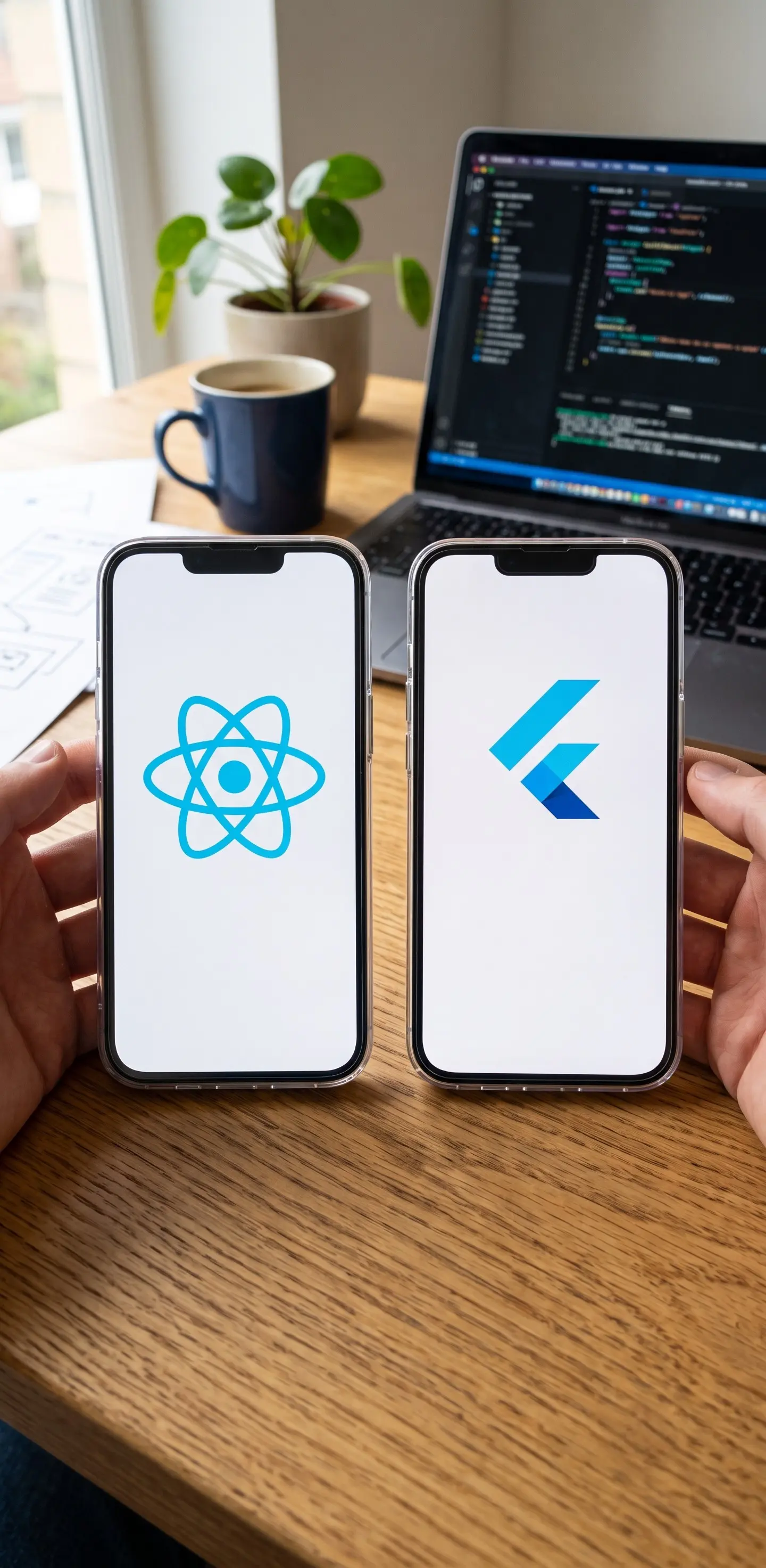 İki telefon ekranında yan yana React Native ve Flutter logolarını gösteren bir görsel
